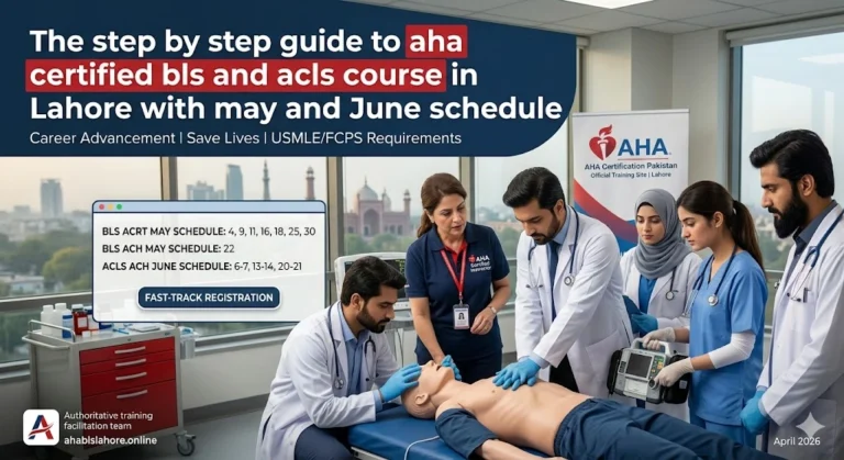 Pakistani healthcare professionals practicing CPR on a medical manikin during an AHA certified BLS and ACLS course in Lahore, featuring an overlay of the May and June training schedule and fast-track registration details