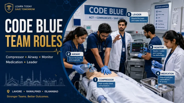 Code Blue Team Roles: Compressor, Airway, Monitor, Meds & Leader